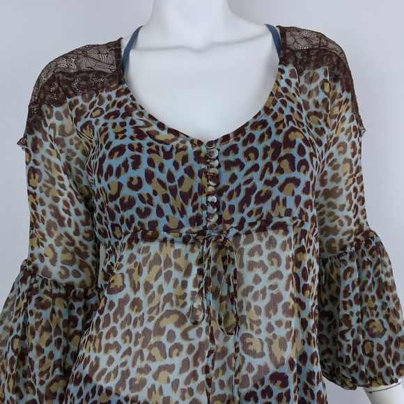 {BCBGMaxAzria} Blue Leopard Bell Sleeve Blouse - Picture 2 of 6